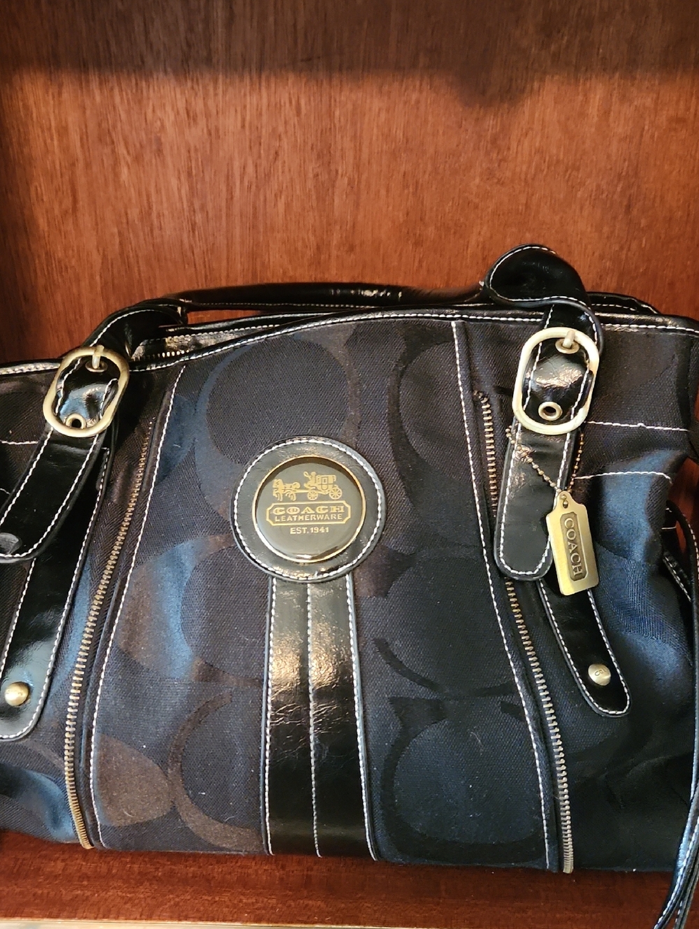 Coach Black Signature Canvas Shoulder Tote with Patent Trim